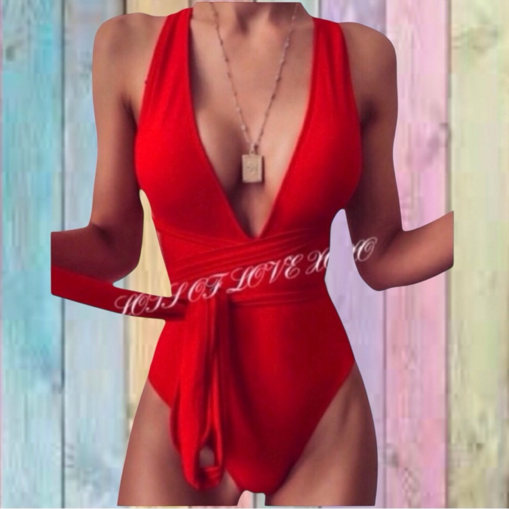 Red Lined Plunging Neckline One Piece Criss Cross Swimsuit New